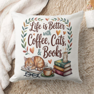 Cojín Decorativo La vida es mejor con café gatos libros