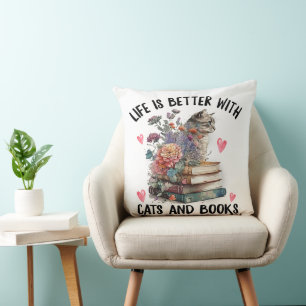 Cojín Decorativo La vida es mejor con gatos y libros Gato divertido
