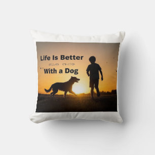 Cojín Decorativo La vida es mejor con un perro, niño, puesta de sol