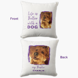 Cojín Decorativo La vida es mejor perro 2 foto nombre púrpura blanc