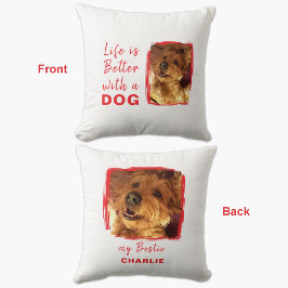 Cojín Decorativo La vida es mejor perro 2 foto nombre rojo blanco