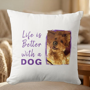 Cojín Decorativo La vida es mejor perro 2 nombre de foto blanco púr
