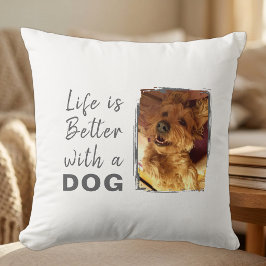 Cojín Decorativo La vida es mejor perro 2 nombre foto blanco gris