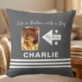 Cojín Decorativo La vida es mejor perro agregar foto nombre gris bl