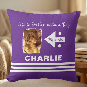 Cojín Decorativo La vida es mejor perro agregar foto nombre morado 