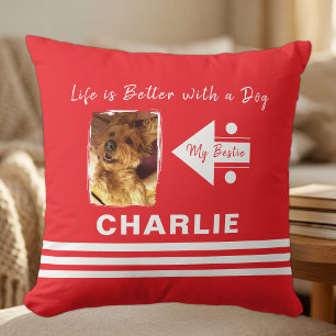 Cojín Decorativo La vida es mejor perro agregar foto nombre rojo bl