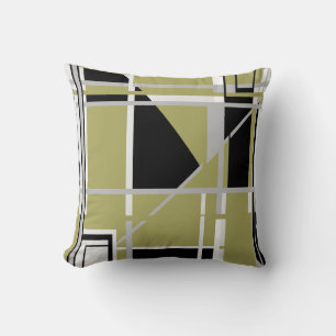 Cojín Decorativo Laberinto abstracto negro gris blanco sobre oliva 