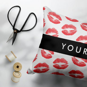 Cojín Decorativo Labios rojos, besos, pintalabios, tu nombre, perso