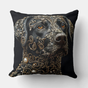 Cojín Decorativo Labrador Negro con Intrincado Oro y Perla