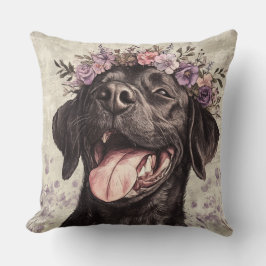 Cojín Decorativo Labrador negro lindo recuperador morado floral