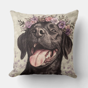 Cojín Decorativo Labrador negro lindo recuperador morado floral