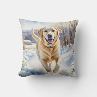 Cojín Decorativo Labrador Retriever Amarillo Invierno Nieve Acuarel