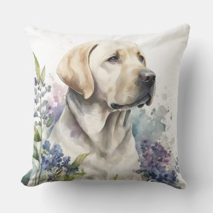 Cojín Decorativo Labrador Retriever Dorado y Flores a la Acuarela
