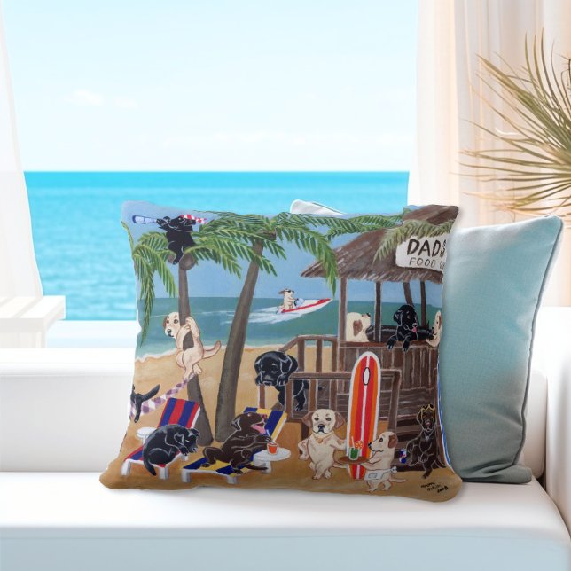 Cojín Decorativo Labradores de vacaciones de verano en la isla (Nice gift idea for Labrador Owner's Summer House.  Island Summer Vacation Labradors Throw Pillow.)