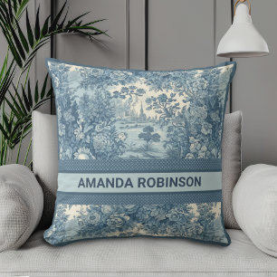 Cojín Decorativo Laca floral vintage Blue toile de jouy monograma