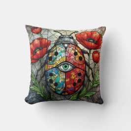 Cojín Decorativo Ladybug stained glass vibrant poppy flower insect 