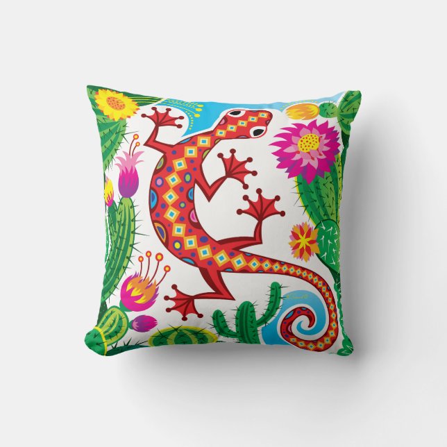 Cojín Decorativo Lagarto del Sudoeste con Flores de Cactus (Anverso)