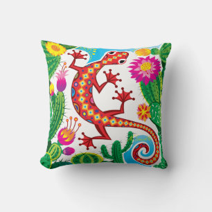 Cojín Decorativo Lagarto del Suroeste con Flores de Cactus