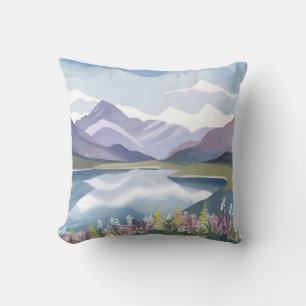 Cojín Decorativo Lago de Montaña Paisaje de Acuarela Floral