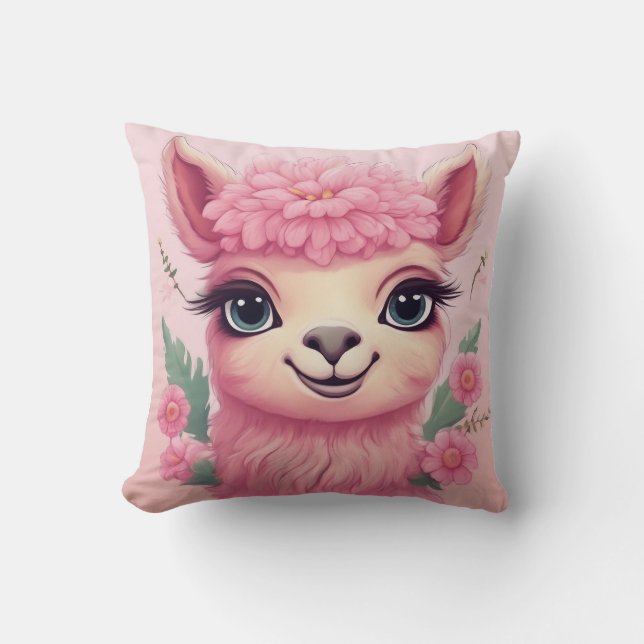 Cojín Decorativo Lama, bebé sonriente rosa (Anverso)
