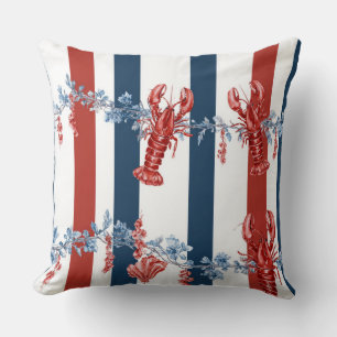 COJÍN DECORATIVO LANGOSTAS ROJAS BLANCAS AZULES Y PLANTAS ACUÁTICAS