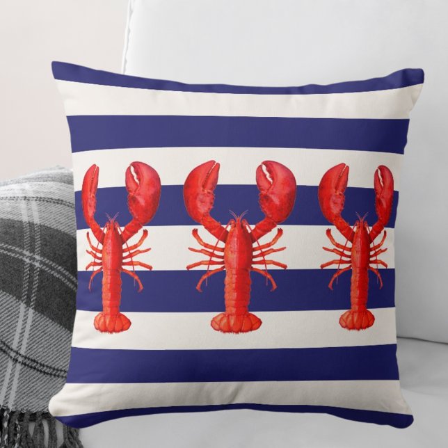 Cojín Decorativo Langostas rojas franjas náuticas blancas azules (Subido por el creador)