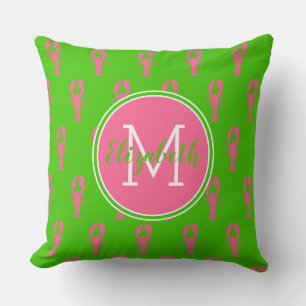 Cojín Decorativo Langostas rosadas en monograma verde