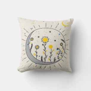 Cojín Decorativo Las flores planean el sol y el arte gráfico lunar