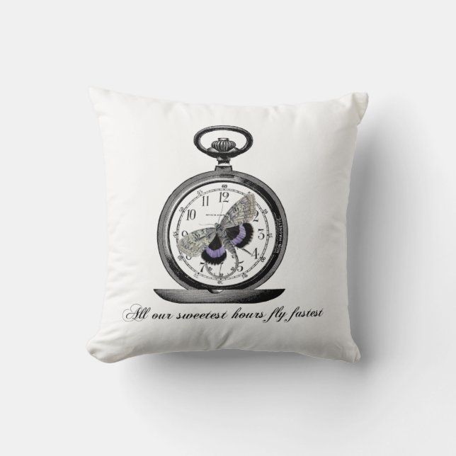 Cojín Decorativo Las horas vuelan rápido, Pocket watch y mariposa (Anverso)