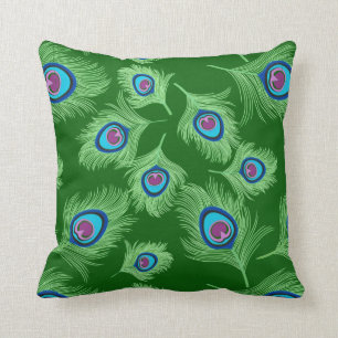 Cojín Decorativo Las plumas de limón y pavo real azul en el verde 