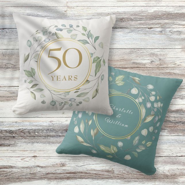 Cojín Decorativo Laurel Garland Faux Gold 50 Aniversario de los Bod (Laurel Garland Faux Gold 50 Wedding Anniversary Throw Pillow)