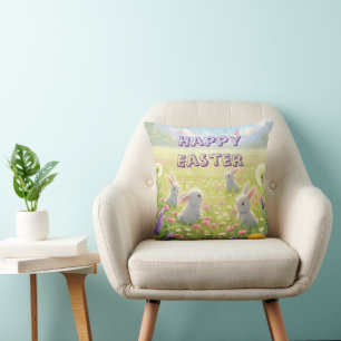Cojín Decorativo Lavanda Pascua Linda Conejo Blanco Floral Primaver