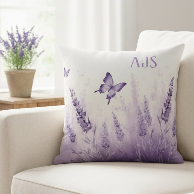 Cojín Decorativo Lavender Field Throw Pillow – Monogram Initials (Lavender and Butterflies Decorative monogram pillow)