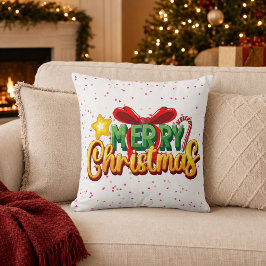 Cojín Decorativo Lazo Colorido de Feliz Navidad y Caña de Caramelo
