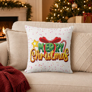 Cojín Decorativo Lazo Colorido de Feliz Navidad y Caña de Caramelo