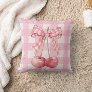 Cojín Decorativo Lazo Coquette de Gingham de Cereza Rosa