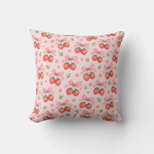 Cojín Decorativo Lazo de gingham rosa con patrón floral de fresa
