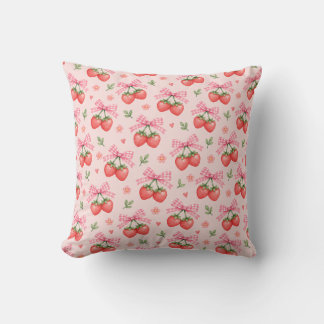 Cojín Decorativo Lazo de gingham rosa con patrón floral de fresa