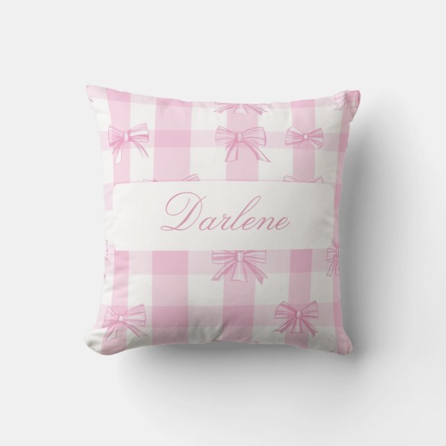 Cojín Decorativo Lazo de Gingham Rosa Personalizado (Anverso)