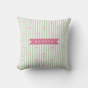 Cojín Decorativo Lazo Rosa Personalizado Coquette Preppy con Raya V