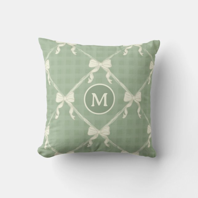 Cojín Decorativo Lazos Coquette Gingham Monograma Crema Verde Salvi (Anverso)