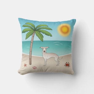 Cojín Decorativo Lebrel italiano crema en playa veraniega tropical