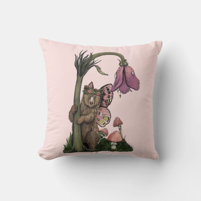 Cojín Decorativo Leche de oso gris rosado en bosque encantado (Anverso)