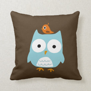 Cojín Decorativo Lechuza azul con pájaro pequeño Naranja