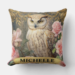 Cojín Decorativo Lechuza blanca de color de agua y rosas rosadas