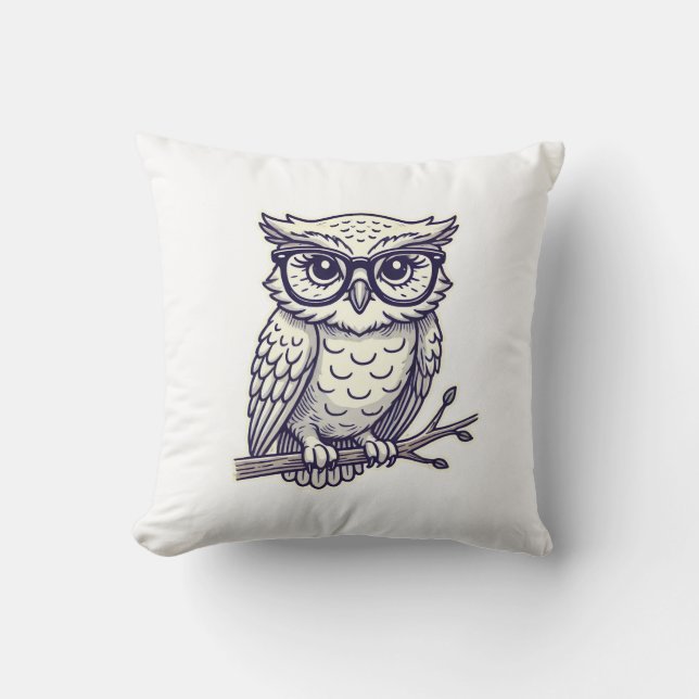 Cojín Decorativo Lechuza con gafas de lectura en una rama (Anverso)