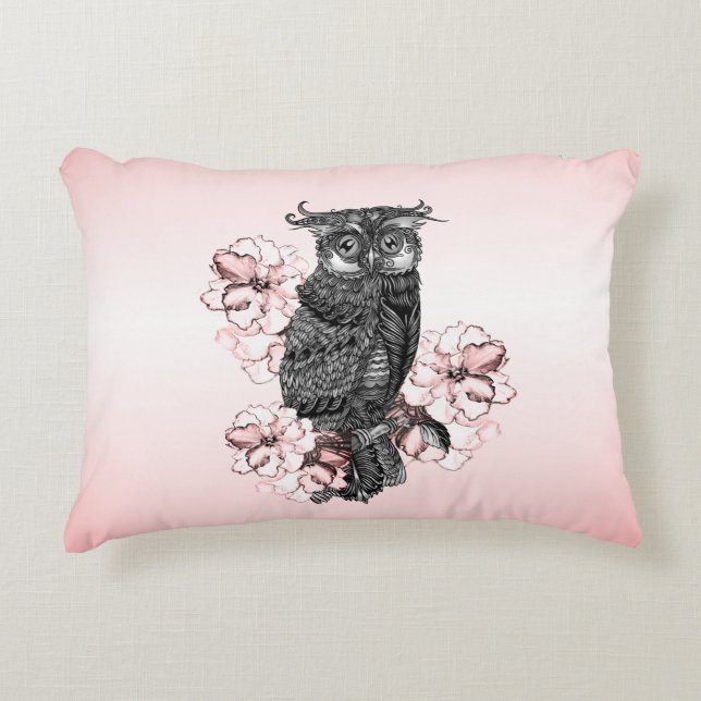 Cojín Decorativo Lechuza Gris Orquídeas Rosadas (Anverso)