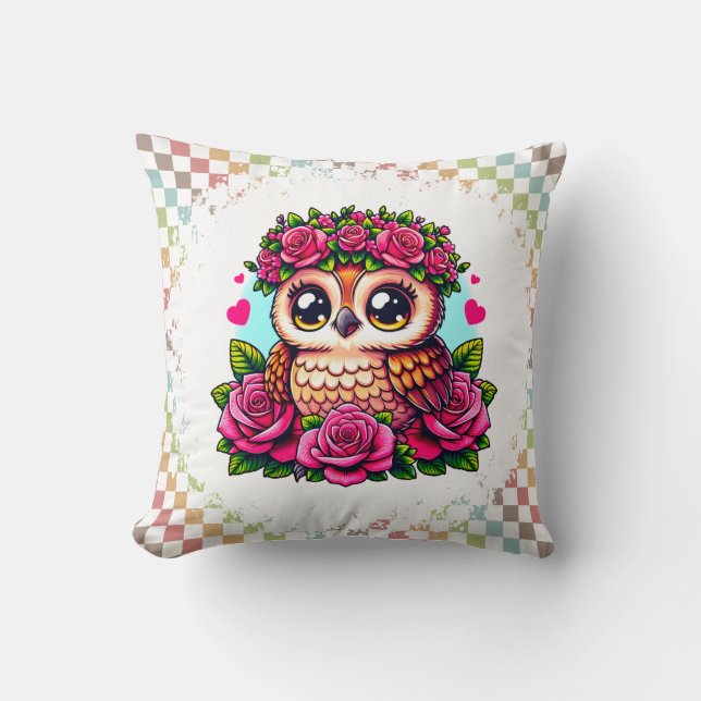 Cojín Decorativo Lechuza marrón con guirnalda rosa (Anverso)