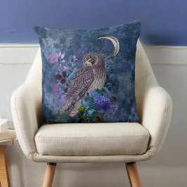 Cojín Decorativo Lechuza morada mística y luna sobre azul grisáceo
