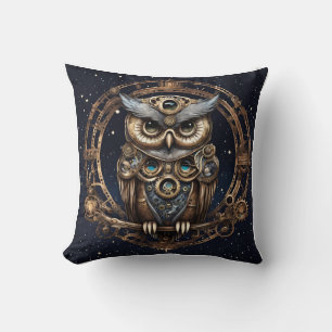 Cojín Decorativo Lechuza Steampunk contra el cielo estrellado